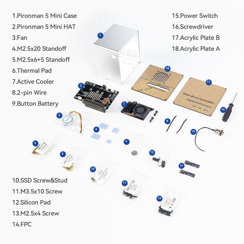 Pironman 5-Mini NVMe M.2 SSD PCIe Mini PC Case for Raspberry Pi 5 2/4/8/16GB Hailo-8L AI Accelerator with PWM Active Cooler+RGB Fan, Safe Shutdown, RGB Effect, Stylish Design（RPI5 Not Included）