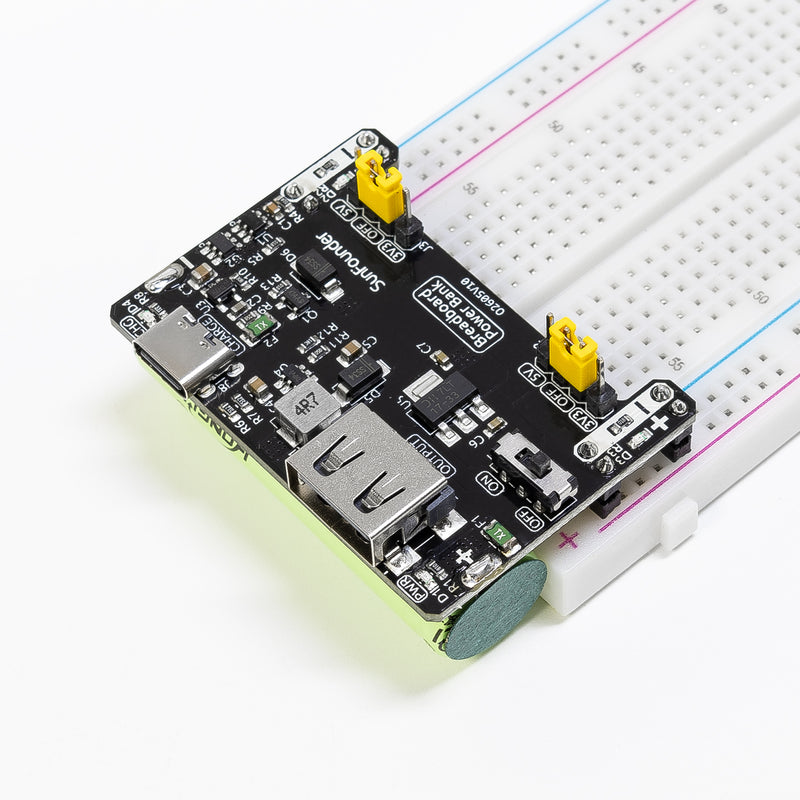 SunFounder BreadVolt Breadboard Power Supply Module Built-in Rechargeble Battery Compatible with Arduino, Raspberry Pi, Pico W, ESP32, 5V/1.5A, 3.3V/1A, USB Output (Breadboard NOT Included) - SunFounder