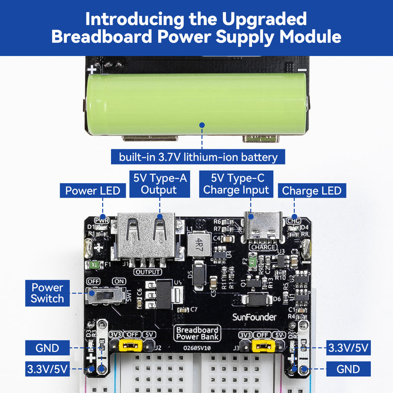 SunFounder BreadVolt Breadboard Power Supply Module Built-in Rechargeble Battery Compatible with Arduino, Raspberry Pi, Pico W, ESP32, 5V/1.5A, 3.3V/1A, USB Output (Breadboard NOT Included) - SunFounder