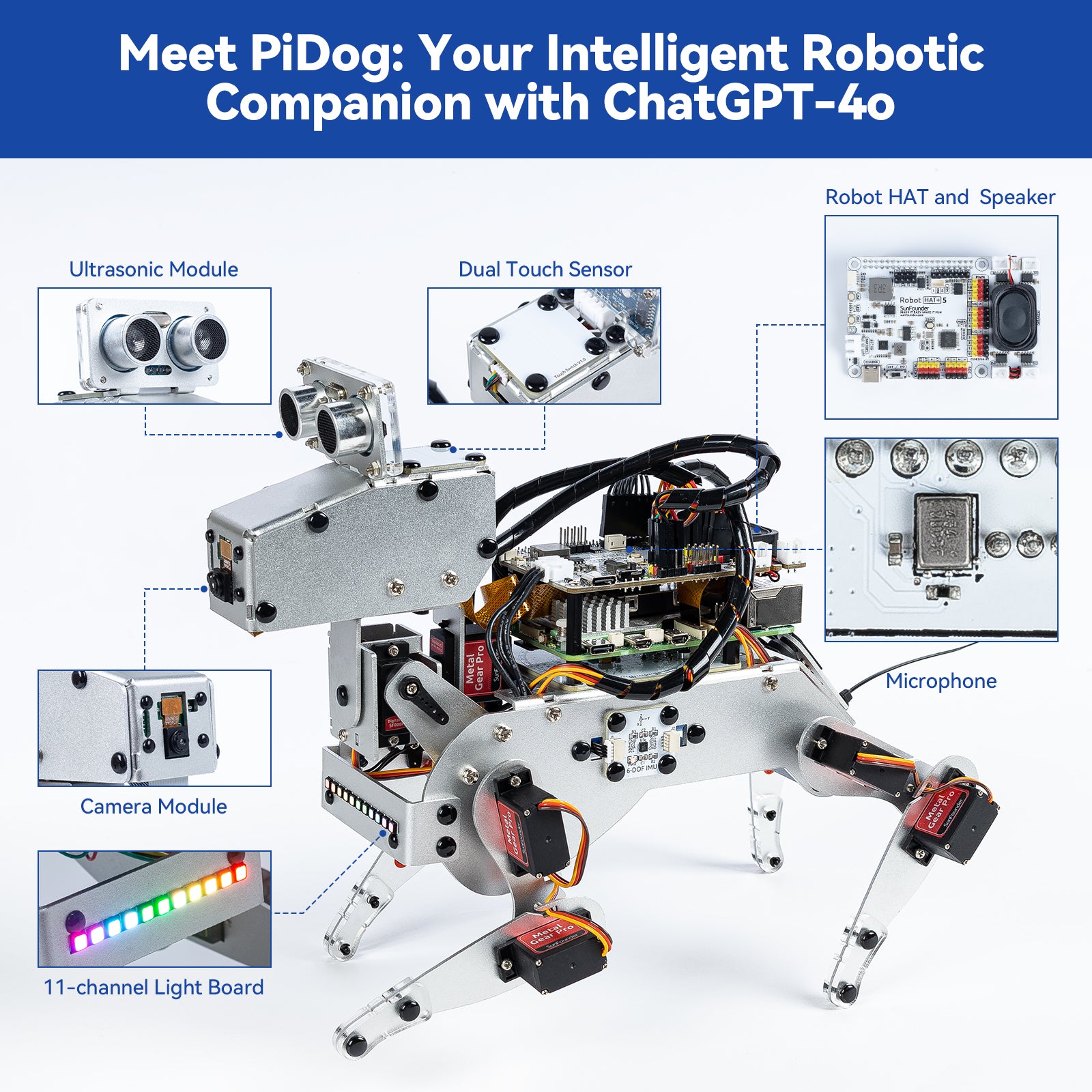 Pi Dog SunFounder PiDog AI Robot Dog Kit for Raspberry Pi 5/4/3B+/3B/Zero 2W ...