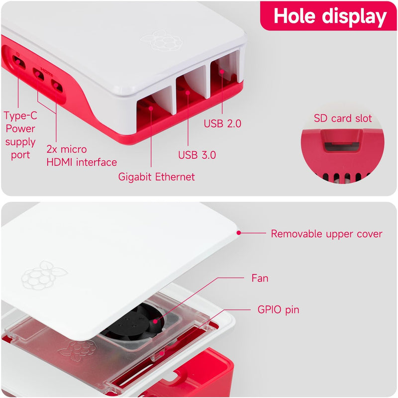 Official Raspberry Pi 5 Red White Case Active Cooling PWM Fan Protection