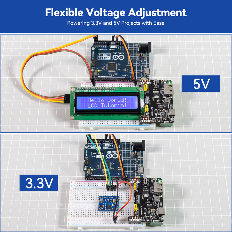 SunFounder BreadVolt Breadboard Power Supply Module Compatible with Arduino, Raspberry Pi, Pico W, ESP32，5V/1.5A, 3.3V/1A, USB (Type-A) Output, Built-in Rechargeble Battery, on/off Switch