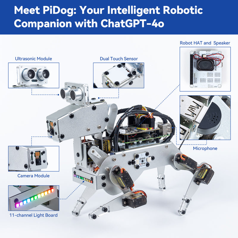 SunFounder PiDog AI Robot Dog Kit for Raspberry Pi 4/3B+/3B/Zero 2W, ChatGPT-4o Enabled with Voice Command & Video Recognition - SunFounder