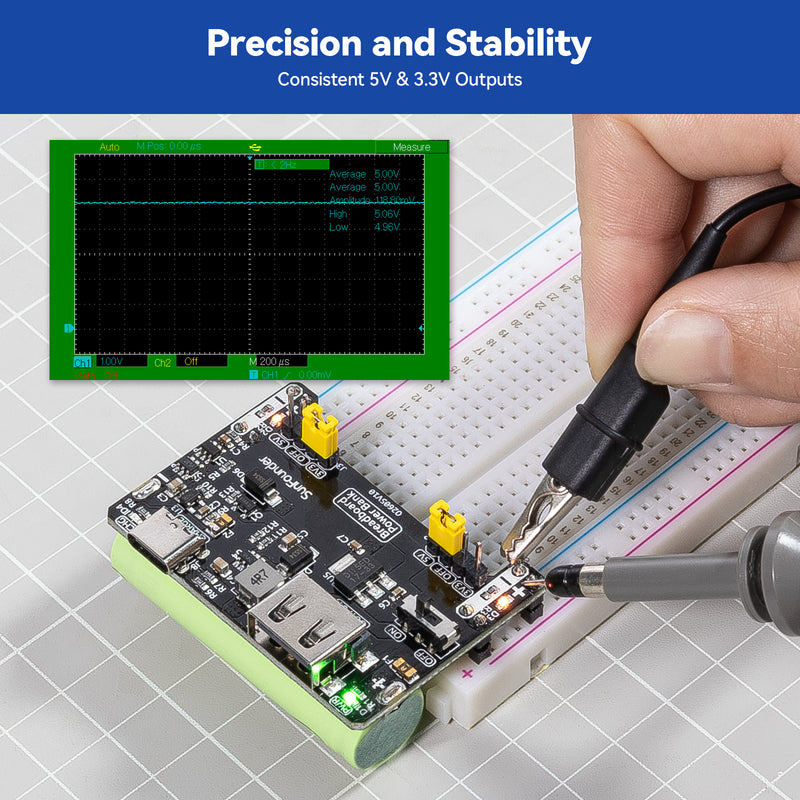 SunFounder BreadVolt Breadboard Power Supply Module Built-in Rechargeble Battery Compatible with Arduino, Raspberry Pi, Pico W, ESP32, 5V/1.5A, 3.3V/1A, USB Output (Breadboard NOT Included) - SunFounder