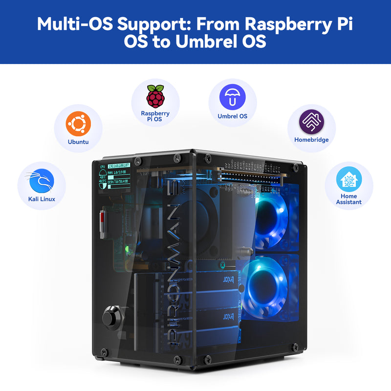 Pironman 5-MAX Dual NVMe M.2 SSD PCIe PC Case for Raspberry Pi 5 NAS RAID 0/1 Hailo-8l M.2 AI Accelerator PWM Tower Cooler+Dual RGB Fans, 0.96'' OLED Module, Safe Shutdown, Standard HDMI, RGB LED, RTC