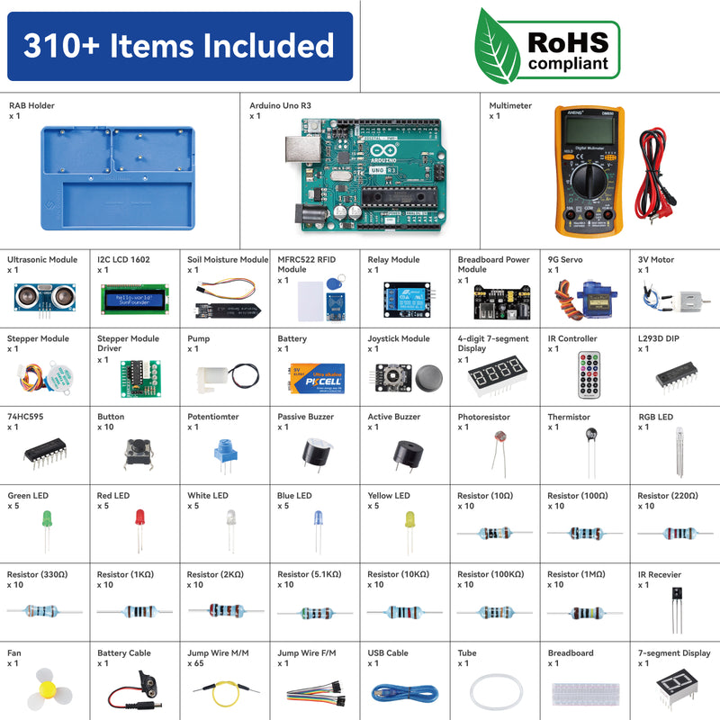 SunFounder Inventor Lab Starter Kit with Original Arduino Uno R3 REV3 Board Multimeter 34 Projects RAB Breadboard Holder Battery HCSR-04, RoHS Compliant, for Beginners & Engineers