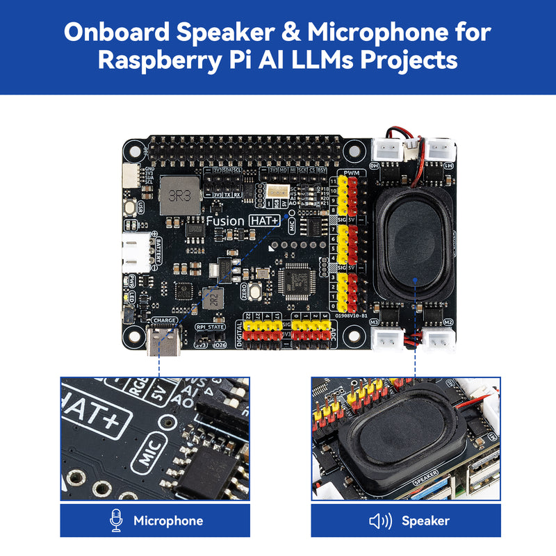 SunFounder Fusion HAT+ Expansion Board for Raspberry Pi 5/4/3B+/Zero 2W, Rechargeable Battery, 4 DC Motor Drivers, 12 PWM Servo, ADC, Speaker & Mic, Works with AI LLMs（ChatGPT 5/Gemini）