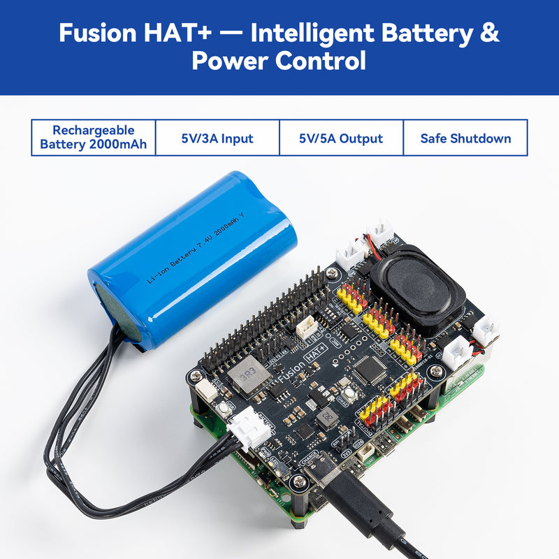 SunFounder Fusion HAT+ Expansion Board for Raspberry Pi 5/4/3B+/Zero 2W, Rechargeable Battery, 4 DC Motor Drivers, 12 PWM Servo, ADC, Speaker & Mic, Works with AI LLMs（ChatGPT 5/Gemini）