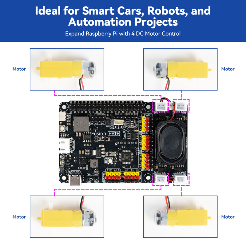 SunFounder Fusion HAT+ Expansion Board for Raspberry Pi 5/4/3B+/Zero 2W, Rechargeable Battery, 4 DC Motor Drivers, 12 PWM Servo, ADC, Speaker & Mic, Works with AI LLMs（ChatGPT 5/Gemini）