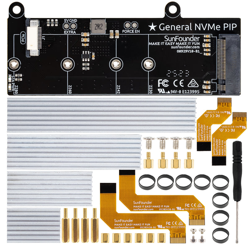 SunFounder PCIe to M.2 HAT M-Key NVMe SSD PIP PCIe 2/3 Board for Raspberry Pi 5 2/4/8/16 GB Support M.2 2230/2242/2260/2280 SSD, Heatsink Included, Compatible with 3.5/5/7/10 inch Touch Screen