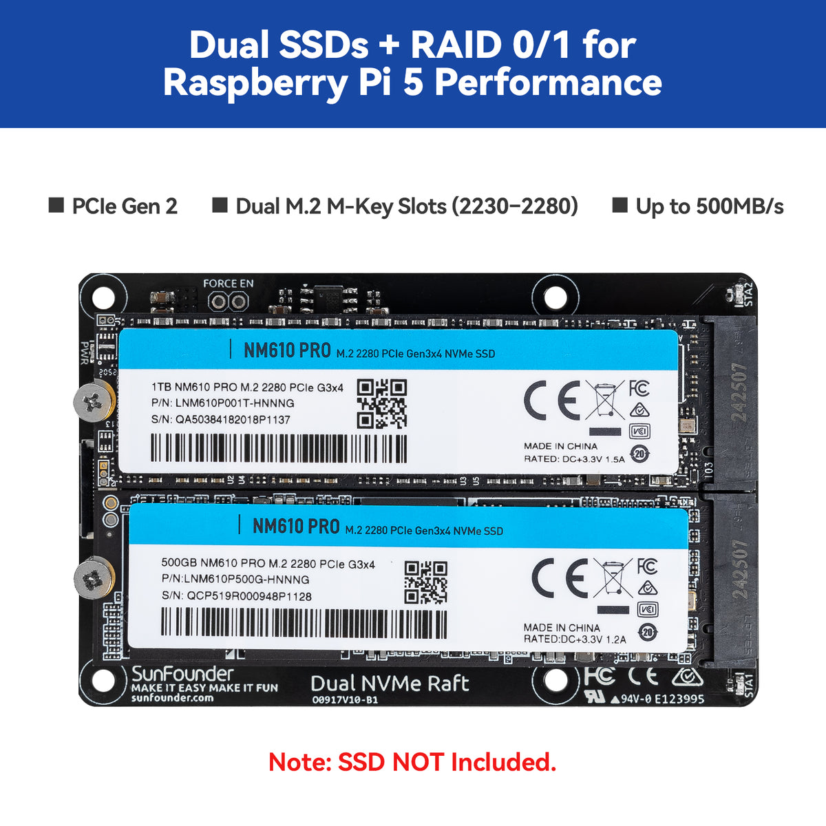 SunFounder Dual NVMe Raft for Raspberry Pi 5 PCIe Gen 2.0 to M.2
