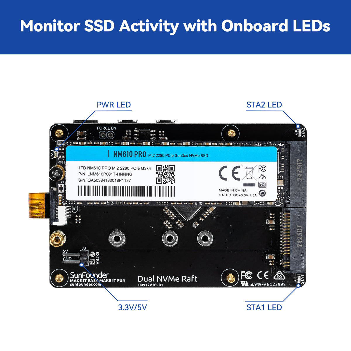 soomloom HAPI２ SunFounder Dual NVMe Raft for Raspberry Pi 5 PCIe Gen 2.0 to M.2