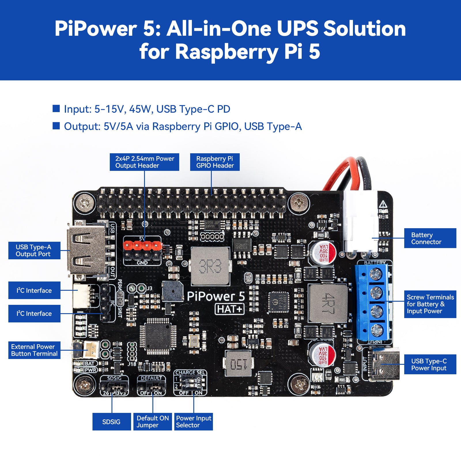 Raspberry Pi Power Management Module PiPower 5 Raspberry Pi 5/4B/3B+/Zero 2 W UPS HAT, 5V/5A Power Supply ...