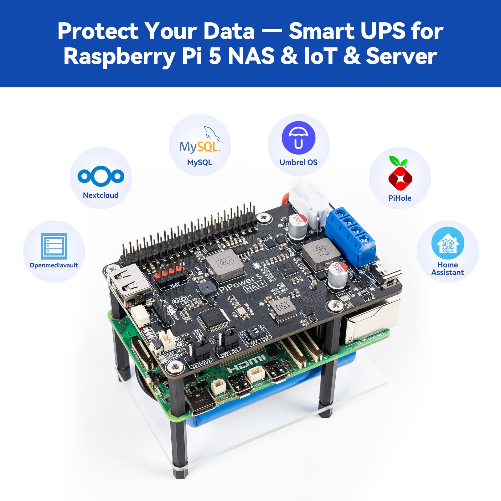 PiPower 5 Raspberry Pi 5/4B/3B+/Zero 2 W UPS HAT, 5V/5A Power Supply ...