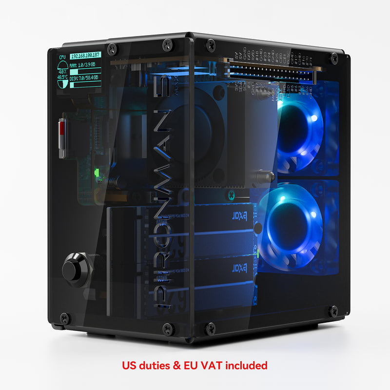 Pironman 5-MAX Dual NVMe M.2 SSD PCIe PC Case for Raspberry Pi 5 NAS RAID 0/1 Hailo-8L AI Accelerator PWM Tower Cooler+Dual RGB Fans, 0.96'' OLED Module, Safe Shutdown, Standard HDMI, RGB LED, RTC