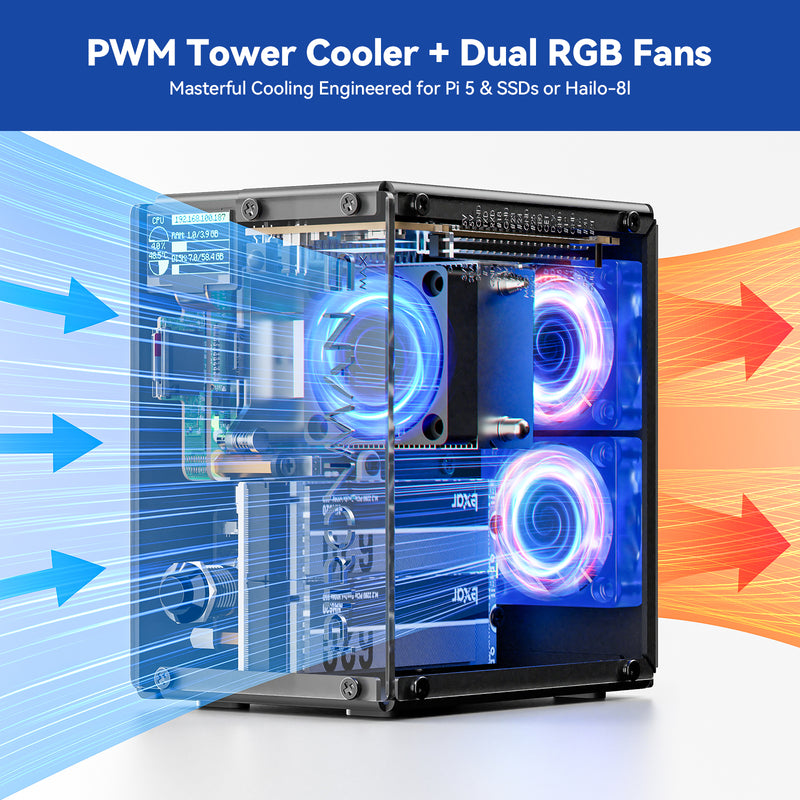 Pironman 5-MAX Dual NVMe M.2 SSD PCIe PC Case for Raspberry Pi 5 NAS RAID 0/1 Hailo-8l M.2 AI Accelerator PWM Tower Cooler+Dual RGB Fans, 0.96'' OLED Module, Safe Shutdown, Standard HDMI, RGB LED, RTC