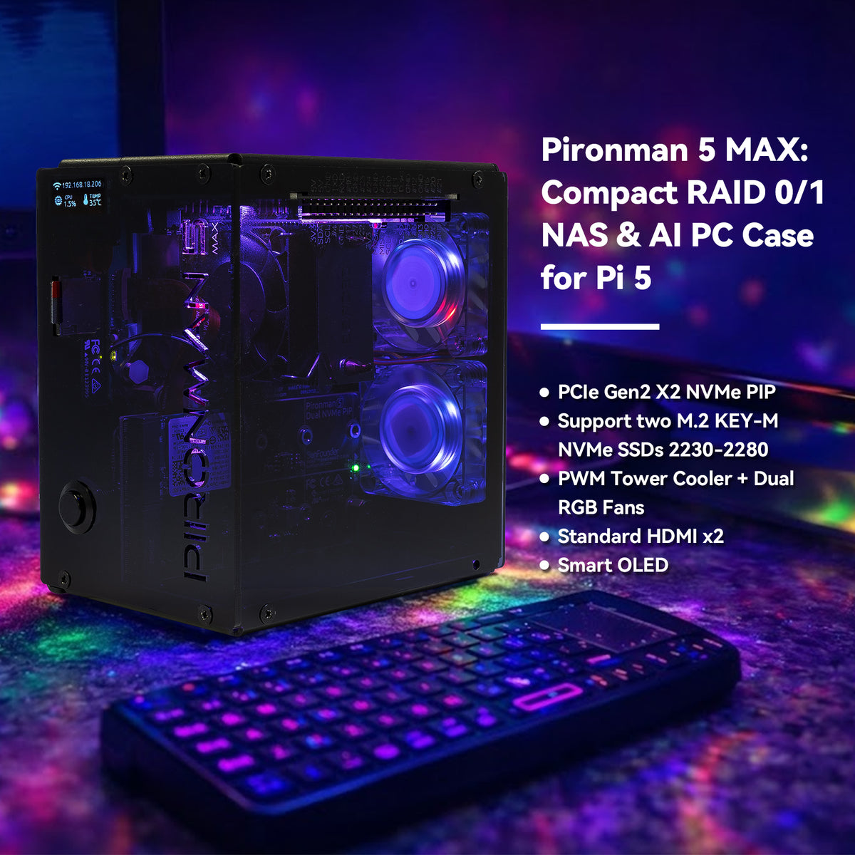 SunFounder Pironman 5-MAX: Raspberry Pi 5 Case with Dual NVMe SSD