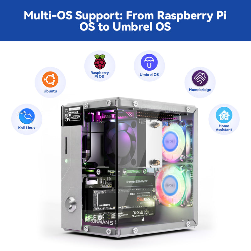 Pironman 5 NVMe M.2 SSD PCIe 2.0/3.0 Mini PC Case for Raspberry Pi 5 Hailo-8L AI accelerator with Tower Cooler+Dual RGB Fans（No Import Duties — Taxes Included for US & EU!）