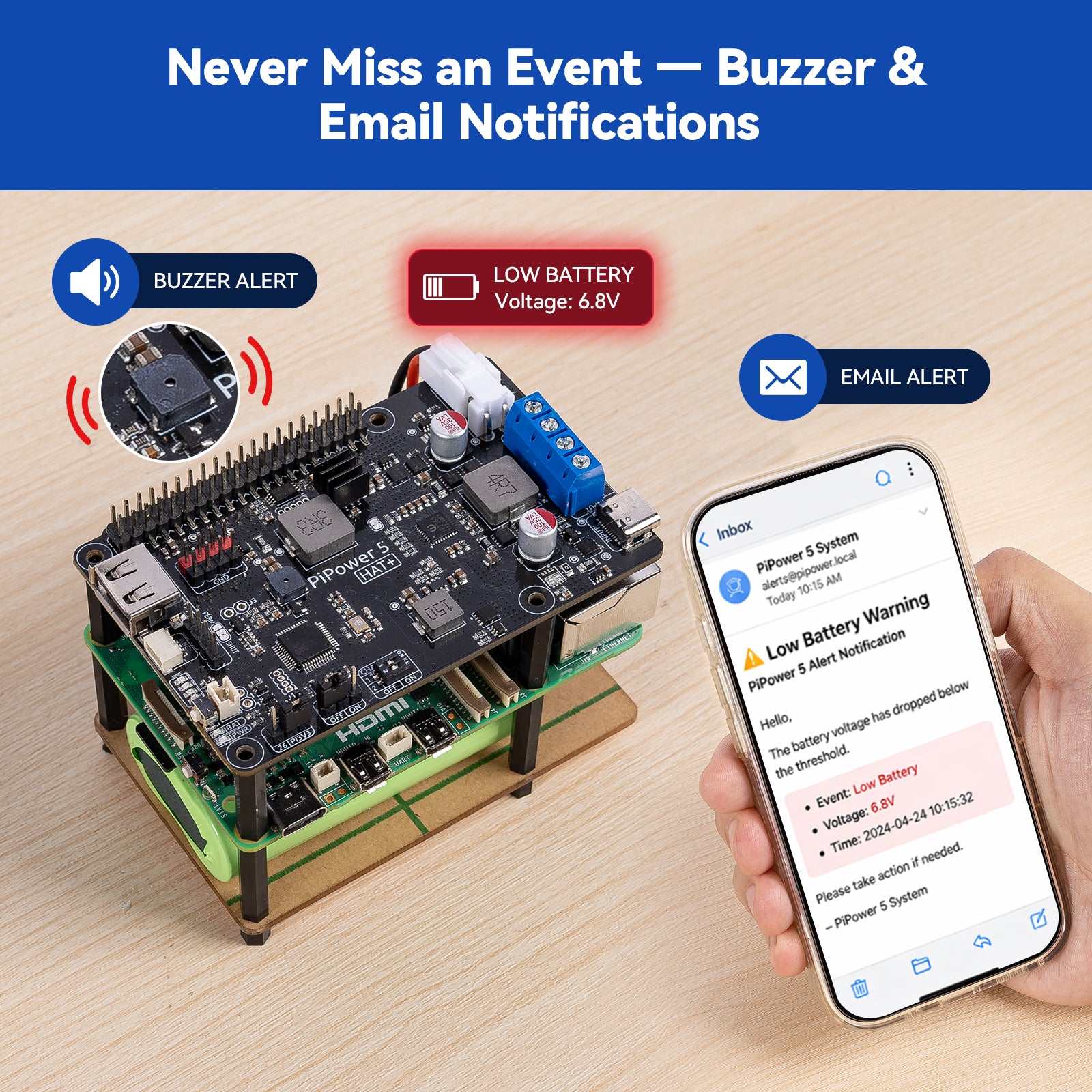 PiPower 5 Raspberry Pi 5/4B/3B+/Zero 2 W UPS HAT, 5V/5A Power Supply ...