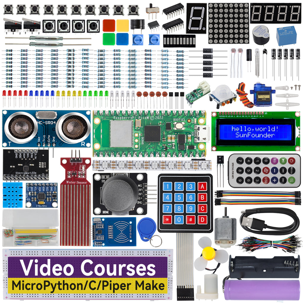 SunFounder Raspberry Pi Pico W starter kit with microcontroller, breadboard, sensors, wires, and electronic components