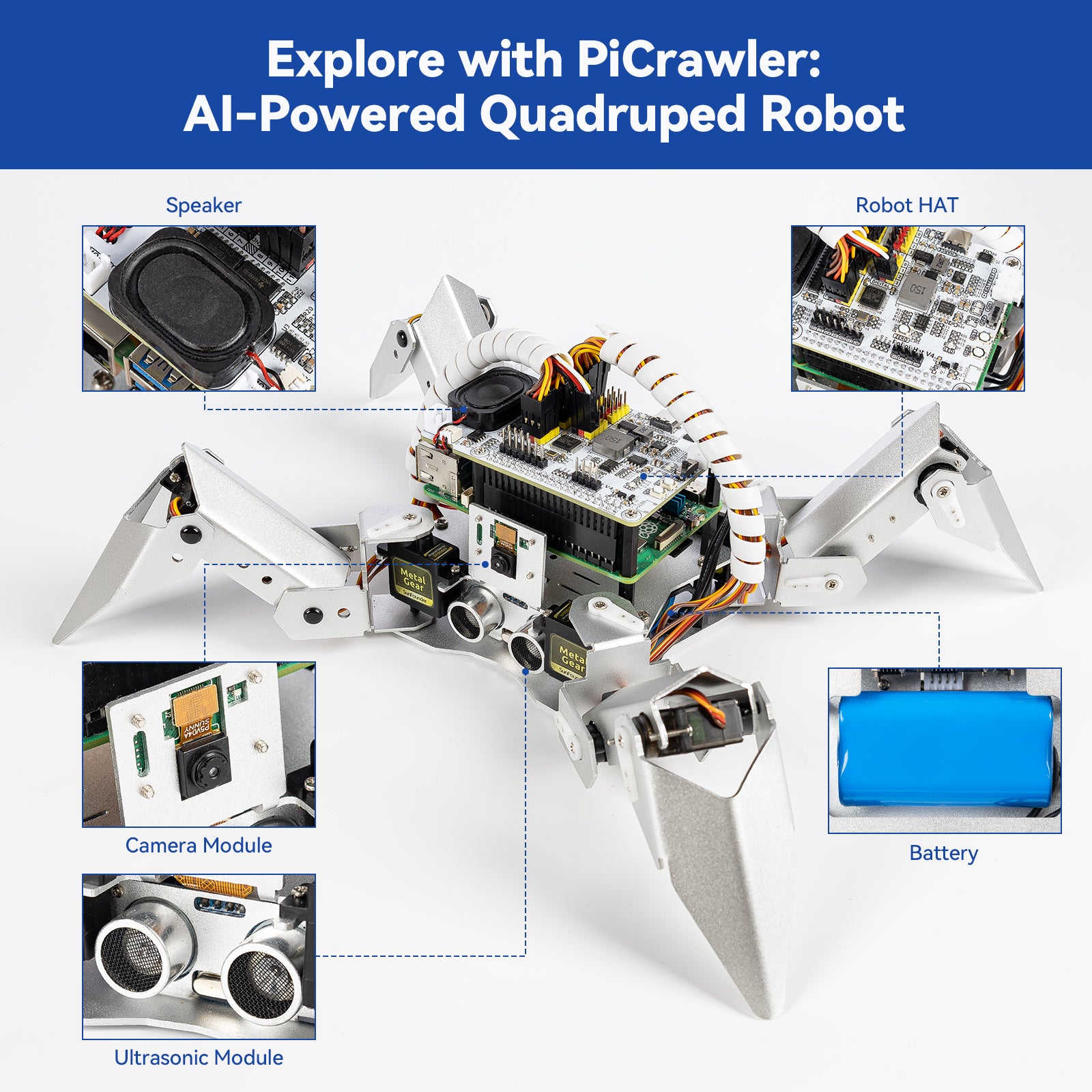 SunFounder PiCrawler AI Robot Kit for Raspberry Pi 5/4/3B+/3B/Zero 2W ...