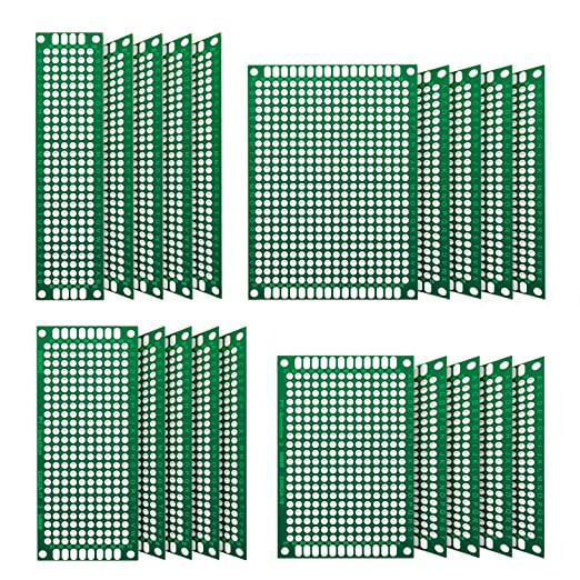 20 Pcs Double Sided PCB Board (4 Sizes - 2X8 3X7 4X6 5X7) Tinned Through Holes FR4 Prototype Kit Printed Circuit Universal Perfboard for DIY Soldering Project Compatible with Arduino Kits
