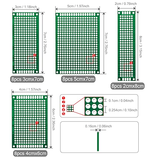20 Pcs Double Sided PCB Board (4 Sizes - 2X8 3X7 4X6 5X7) Tinned Through Holes FR4 Prototype Kit Printed Circuit Universal Perfboard for DIY Soldering Project Compatible with Arduino Kits - SunFounder