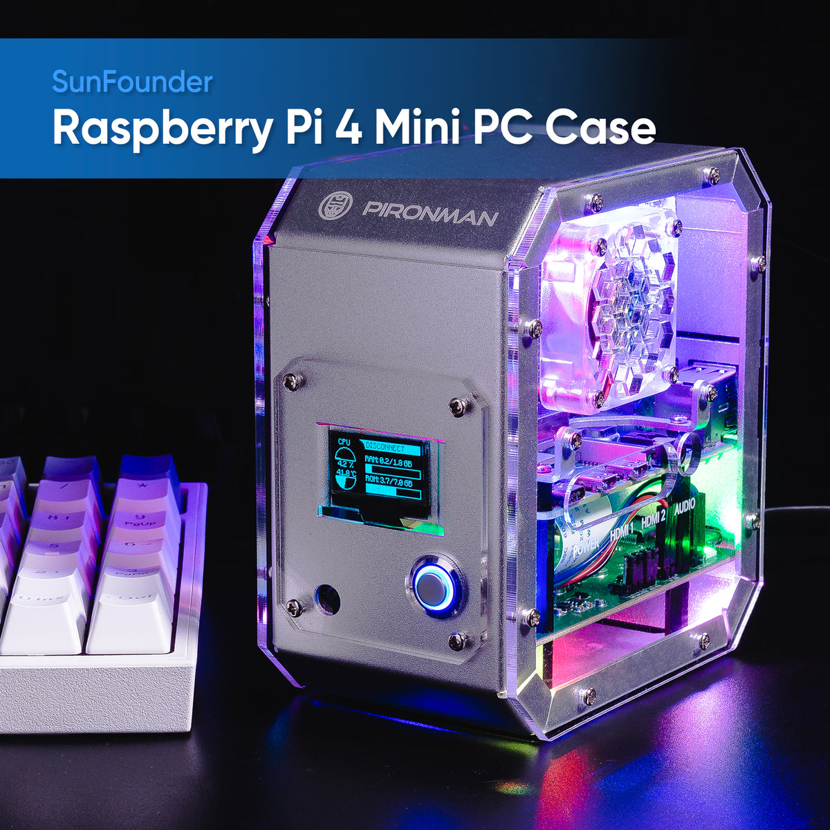 Pironman Raspberry Pi 4 Case, Raspberry Pi Mini PC - Aluminum Alloy Tower Case with Fan, Tower Cooler, M.2 SATA SSD Expansion Board, 0.96 Pironman Raspberry Pi 4 Case, Raspberry Pi Mini PC - Aluminum Alloy Tower Case with Fan, Tower Cooler, M.2 SATA SSD Expansion Board, 0.96