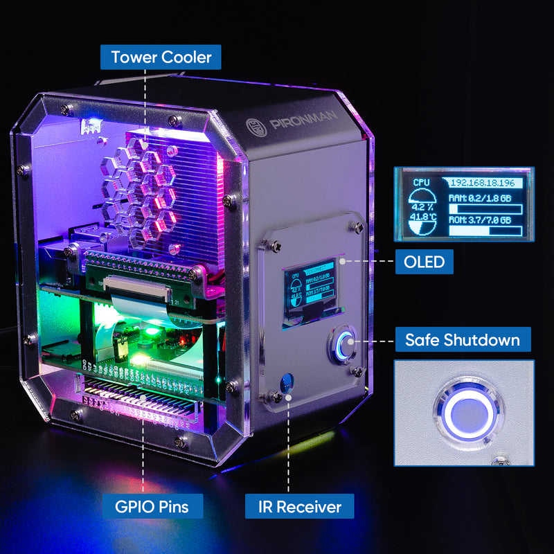 Pironman Raspberry Pi 4 Case, Raspberry Pi Mini PC - Aluminum Alloy Tower Case with Fan, Tower Cooler, M.2 SATA SSD Expansion Board, 0.96" OLED, IR Receiver and Power Button for Raspberry Pi 4 - SunFounder