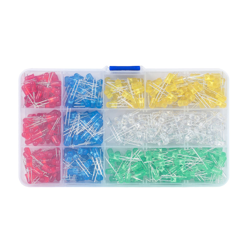 500pcs (5 Colors x 100pcs) 5mm LEDs with White/Red/Yellow/Green/Blue Colors Kit Box