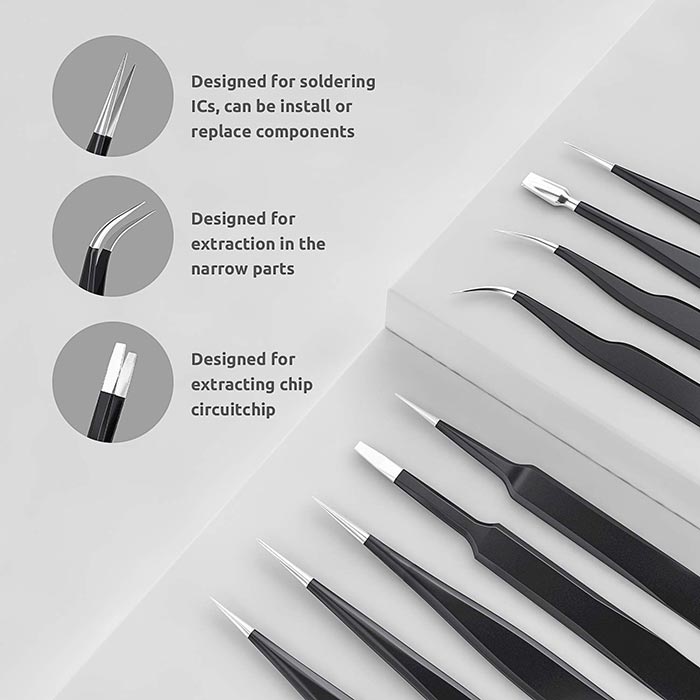 10 Pcs Precision Tweezers Set, Premium Craft Tweezers Kit, Stainless Steel Electronic ESD Tweezers, Anti-Static Industrial Soldering Tweezers, with tw