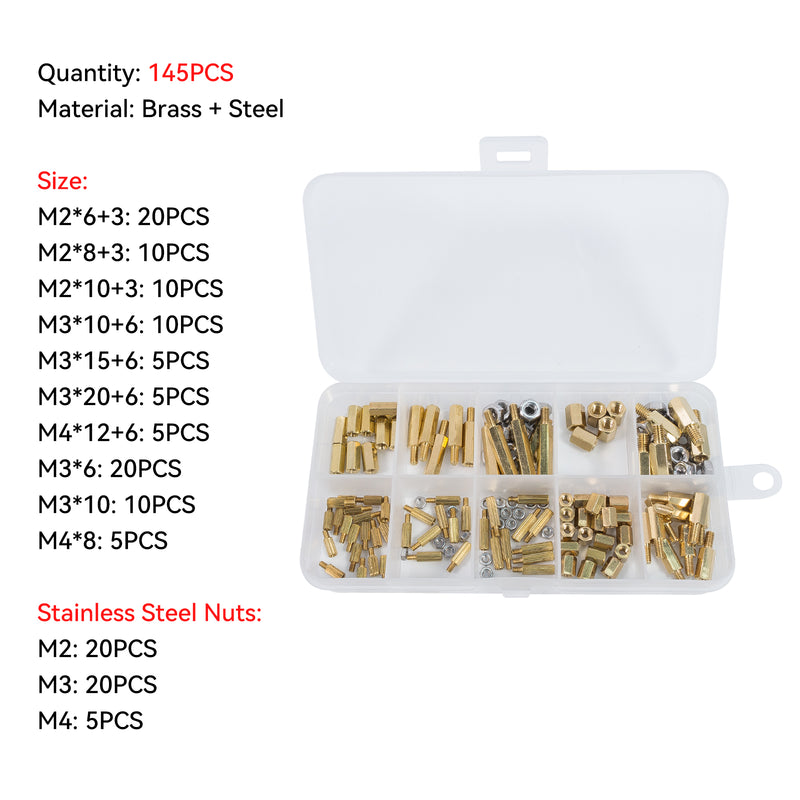 145PCS M2 M3 M4 Male Female Brass Pillar Standoff Assortment Kit